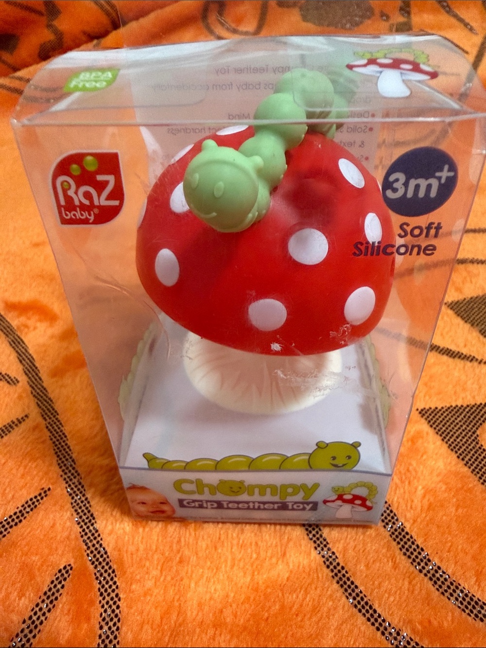 Red Mushroom Teether with Green Caterpillar - Baby Soothing Toy